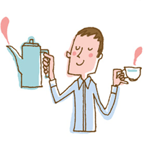 ポットとカップを持つ男性のイラスト