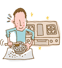 ガスコンロのメンテナンスをする男性のイラスト。