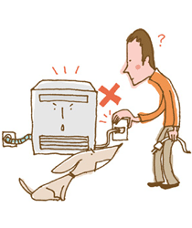 ガスストーブのコンセントを抜きそうになる男性のイラスト。
